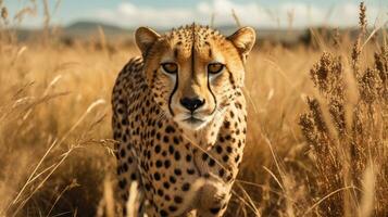 Jachtluipaard, acinonyx jubatus staat in lang gras in savanne. generatief ai foto