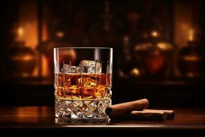 whisky glas en sigaar Aan houten tafel foto