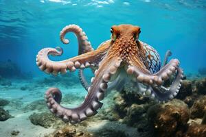 Octopus en koraal rif in de zee. generatief ai foto