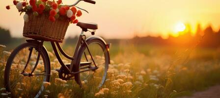 een wijnoogst fiets leunend in gras gearchiveerd in zonsondergang, rieten mand met bloemen Aan de fiets foto