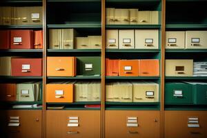 Vermelding houden en archiveren, kabinet van mappen in kamer. generatief ai foto