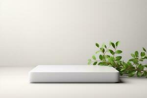 wit houten voetstuk Aan een wit achtergrond met bladeren. Product presentatie, model. generatief ai foto
