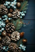 Kerstmis decoratie met pijnboom kegels. Kerstmis achtergrond met ruimte voor tekst. generatief ai foto