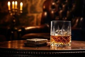 whisky glas en sigaar Aan houten tafel foto