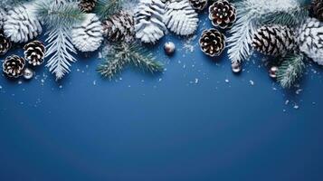 Kerstmis decoratie met pijnboom kegels. Kerstmis achtergrond met ruimte voor tekst. generatief ai foto