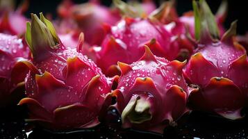 generatief ai, helder plak van sappig rijp drakenfruit en water druppels, macro van zomer fruit foto