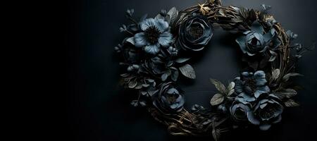 generatief ai, dichtbij omhoog lauwerkrans, bloeiend bloemperken van verbazingwekkend zwart bloemen Aan donker humeurig bloemen getextureerde achtergrond. foto