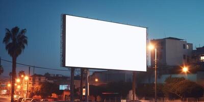 generatief ai, realistisch straat groot aanplakbord bespotten omhoog blanco voor presentatie reclame. buitenshuis teken blanco in de futuristische stad, bedrijf concept foto