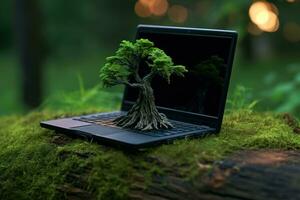 generatief ai, laptop gedekt in mos en planten. natuur en technologie concept foto