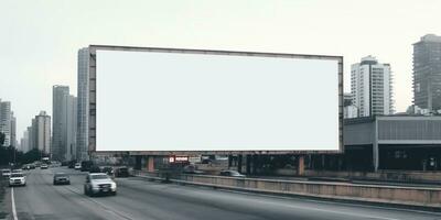 generatief ai, realistisch straat groot aanplakbord bespotten omhoog blanco voor presentatie reclame. buitenshuis teken blanco in de futuristische stad, bedrijf concept. foto
