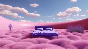 generatief ai, fantasie Purper kom tot rust kamer met dromerig bed en mooi landschap met wolken. slaapkamer in kalmte lavendel en paars kleuren. foto