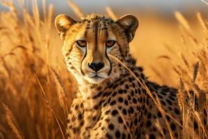 Jachtluipaard, acinonyx jubatus staat in lang gras in savanne. generatief ai foto