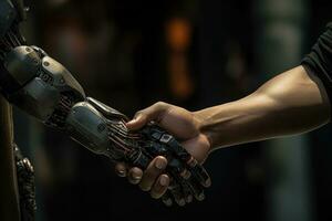 handdruk tussen robot en menselijk. generatief ai foto