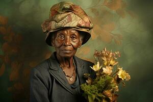 creatief elegant portret van ouderen zwart vrouw. generatief ai foto