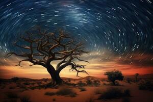 eenzaam droog boom in woestijn landschap Bij sterrenhemel nacht. generatief ai foto