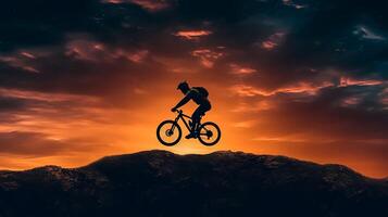 silhouet van een berg fietser Aan een zonsondergang achtergrond. foto