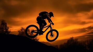 silhouet van een berg fietser Aan een zonsondergang achtergrond. foto