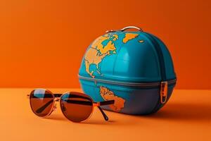 zonnebril en wereldbol Aan een oranje achtergrond. reizen concept. foto
