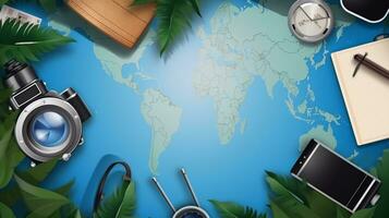 reizen en vakantie concept. top visie van wereld kaart met reizen items foto