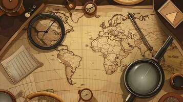 reizen en vakantie concept. top visie van wereld kaart met reizen items foto