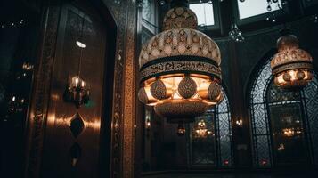 lampen in de interieur van de groots moskee in Istanbul, kalkoen foto