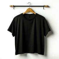 zwart t-shirt Aan een hanger Aan een wit achtergrond foto