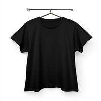 zwart t-shirt Aan een hanger Aan een wit achtergrond foto