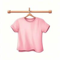 blanco meisje roze t-shirt mockup Aan houten hanger geïsoleerd over- wit foto