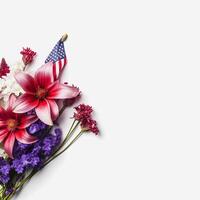 patriottisch bloei levendig Amerikaans vlag kleur bloemen Aan een wit achtergrond met kopiëren ruimte generatief ai foto