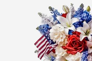 patriottisch bloei levendig Amerikaans vlag kleur bloemen Aan een wit achtergrond met kopiëren ruimte generatief ai foto