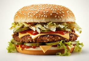 dubbele Hamburger geïsoleerd Aan wit achtergrond vers hamburger snel voedsel met rundvlees en room kaas realistisch afbeelding, ultra hd, hoog ontwerp heel gedetailleerd foto