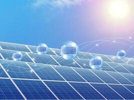 zonne- panelen in zonne- boerderij met zon verlichting naar creëren de schoon elektrisch macht foto