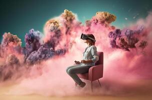 mooi gelukkig jong vrouw gebruik makend van virtueel realiteit vr koptelefoon in virtueel realiteit bril, spel, toekomst technologie concept. ai generatief. foto