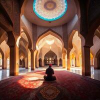 halve maan vormig maan en moskee in voorkant van nacht bewolkt en ster Ramadan de heilig maand foto