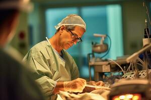 foto van een mannetje dokter het uitvoeren van chirurgie in een in werking kamer. generatief ai