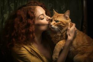 een foto van een vrouw teder zoenen en knuffelen haar kat. generatief ai