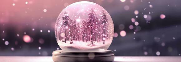 sneeuw wereldbol versierd met Kerstmis lichten bokeh achtergrond. generatief ai foto