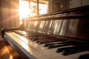 foto van een piano weerspiegeld in de zon stralen. generatief ai