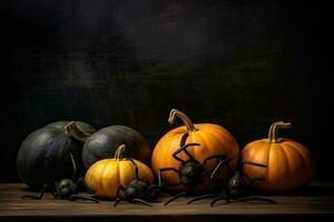 foto van pompoenen Aan zwart houten achtergrond voor de vakantie halloween. generatief ai