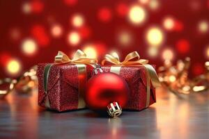 geschenk doos met rood lint en rood Kerstmis bal in voorkant van bokeh rood achtergrond. generatief ai foto