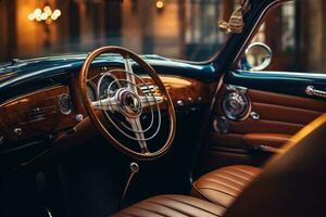 de weelde en verfijning van een luxe klassiek auto door nemen een dichtbij - omhoog visie van haar interieur. generatief ai foto