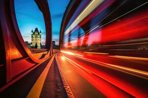 dichtbij - omhoog schot, charme van Londen Bij nacht net zo een rood dubbele - decker bus sierlijk kruisen. generatief ai foto