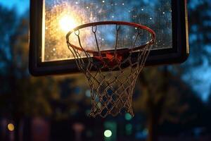 dichtbij - omhoog visie van de basketbal hoepel Bij een leeg stedelijk buitenshuis rechtbank Bij nacht. generatief ai foto