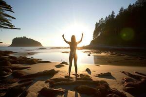 een jong vrouw praktijken yoga Aan een afgelegen strand Bij zonsopkomst. generatief ai foto