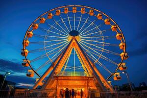 de iconisch oktoberfeest ferris wiel briljant lit tegen de nacht lucht. productief ai foto