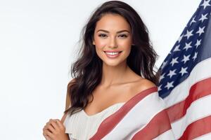 foto van mooi Amerikaans vrouw poseren in voorkant van Amerikaans vlag. generatief ai