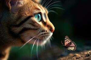 detailopname foto van kat met vlinder Aan neus. generatief ai