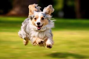 een dichtbij - omhoog schot van een blij, hond rennen door de park. generatief ai foto