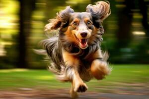 een dichtbij - omhoog schot van een blij, hond rennen door de park. generatief ai foto