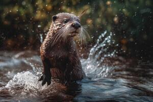 een detailopname foto van een Otter proberen naar maken haar nest in de water. generatief ai